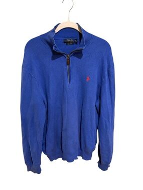 Ralph Lauren Pima Cotton Men's Royal Blue Quarter-Zip Sweater with Red Pony
